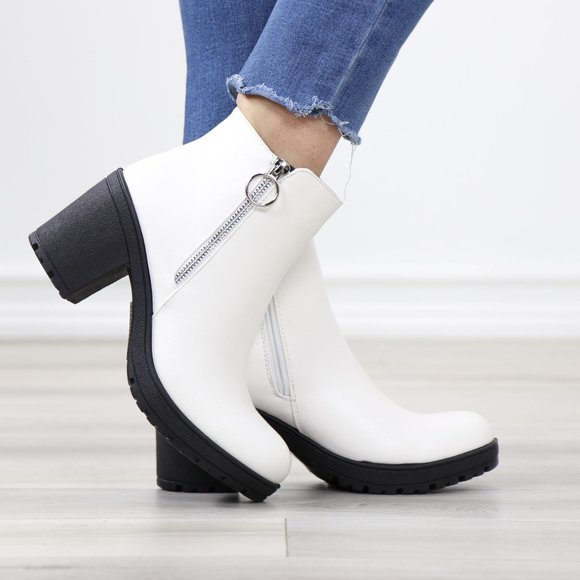 Shoes - White Synthetic Leather Chunky Lug Block Heel Round Toe Ankle Boots